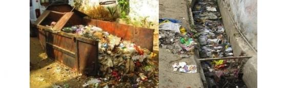 Overflowing solid waste bin (left) and indiscriminate dumping of solid waste in the open drains (right).